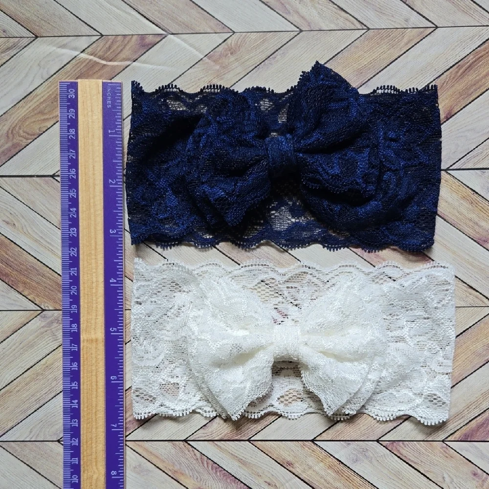 Lace Bowknot Navy Blue White Baby Girl Headbands Elastic Bow Headwrap Hairbands